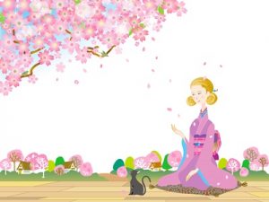 お花見　桜　縁側　女性　猫　イラスト　かわいい　無料　フリー