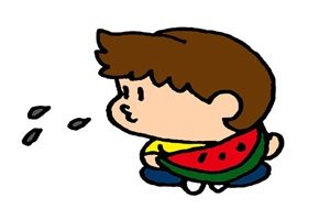 スイカ　食べる　種を飛ばす　男の子　イラスト　無料　フリー　画像