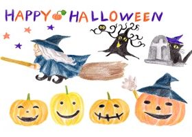 ハロウィン　イラスト　手書き　かわいい　無料　フリー　魔女　ほうき　かぼちゃ　クロネコ　墓