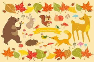 もみじ　動物　かわいい　イラスト　無料　フリー　紅葉　森