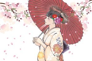 和傘と着物の女性の無料イラスト